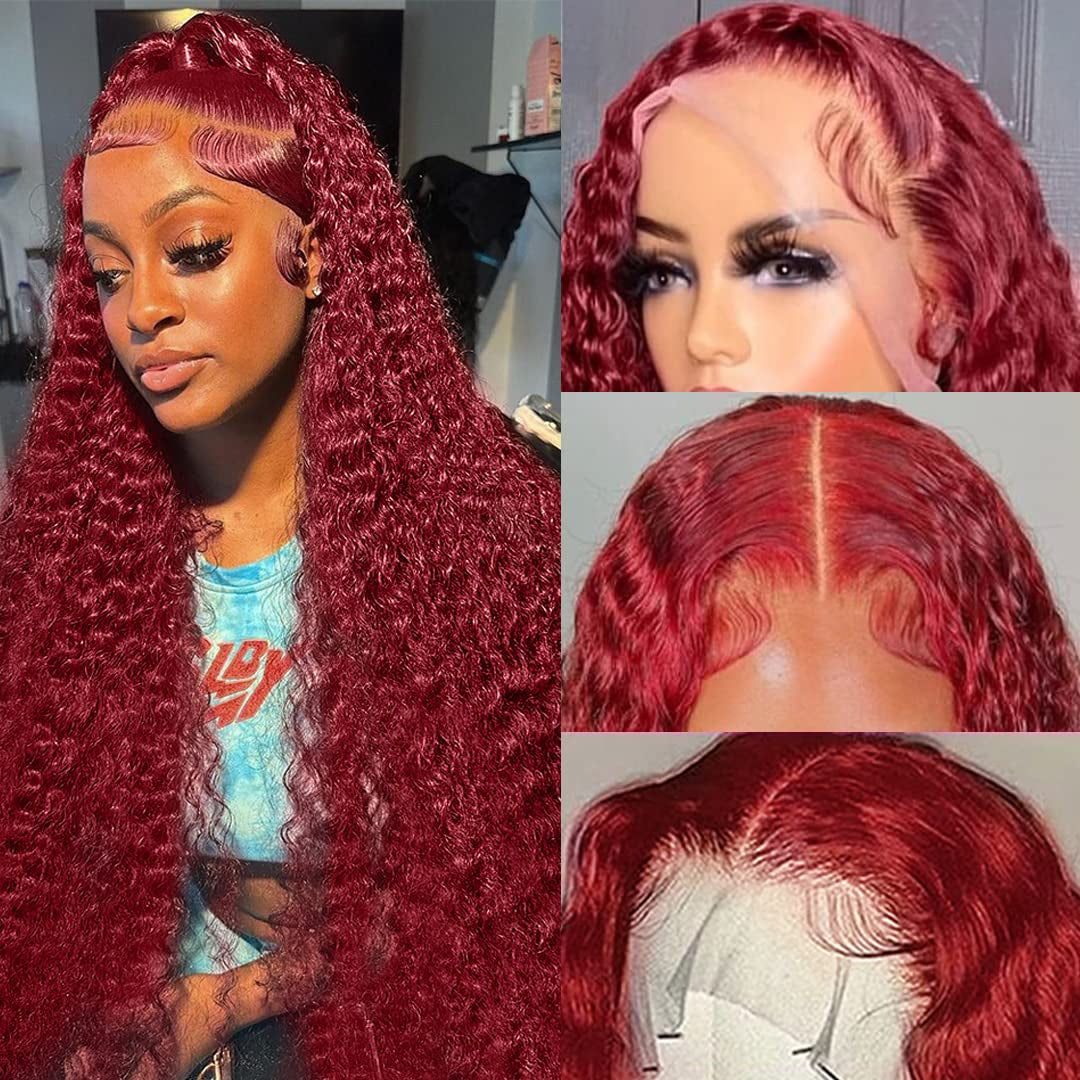 99J Burgundy Lace Front Wigs Human Hair Deep Wave 13X4 Transparent HD Wet & Wavy Wine Red Colored Wig with Baby 160% Density Glueless Curly Frontal for Black Women 20 Inch, 1.0 Count