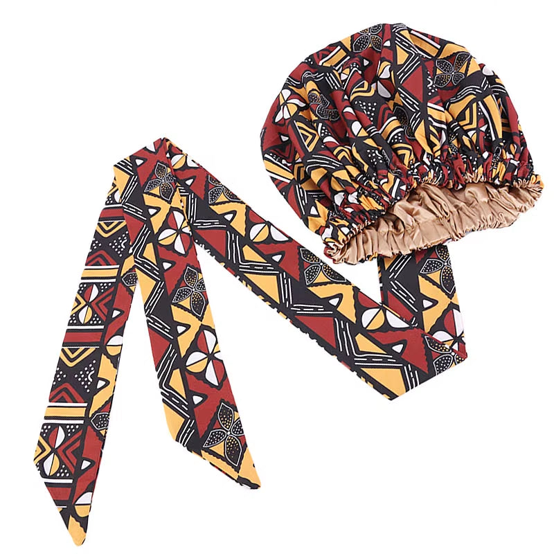 African Pattern Print Satin Bonnet Women Night Sleep Cap Long Ribbon Headwrap Double Layer Headscarf Big Size Adult Hair Cover