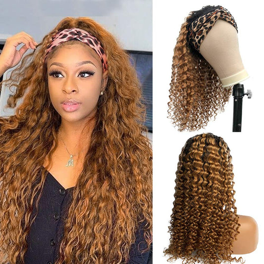 Headband Wigs Human Hair Ombre Blonde Colored No Lace Front Wigs with Pre-Attached Scarf Deep Wave Wigs for Black Women Full Thick Ends 150% Density 20 Inches Curly Hair