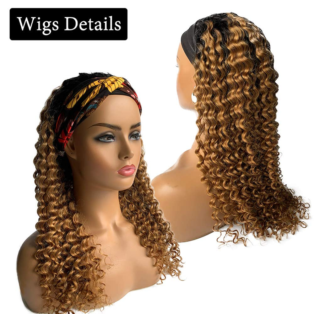 Headband Wigs Human Hair Ombre Blonde Colored No Lace Front Wigs with Pre-Attached Scarf Deep Wave Wigs for Black Women Full Thick Ends 150% Density 20 Inches Curly Hair