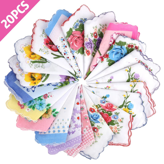 20Pcs Vintage Floral Handkerchiefs,  Women'S Cotton Hankies, Flower Embroidered Design for Ladies, Rondom Colors (11X11In)