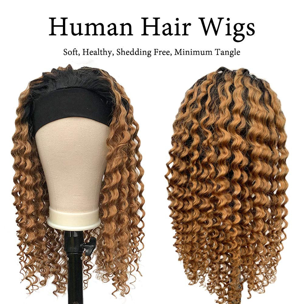 Headband Wigs Human Hair Ombre Blonde Colored No Lace Front Wigs with Pre-Attached Scarf Deep Wave Wigs for Black Women Full Thick Ends 150% Density 20 Inches Curly Hair