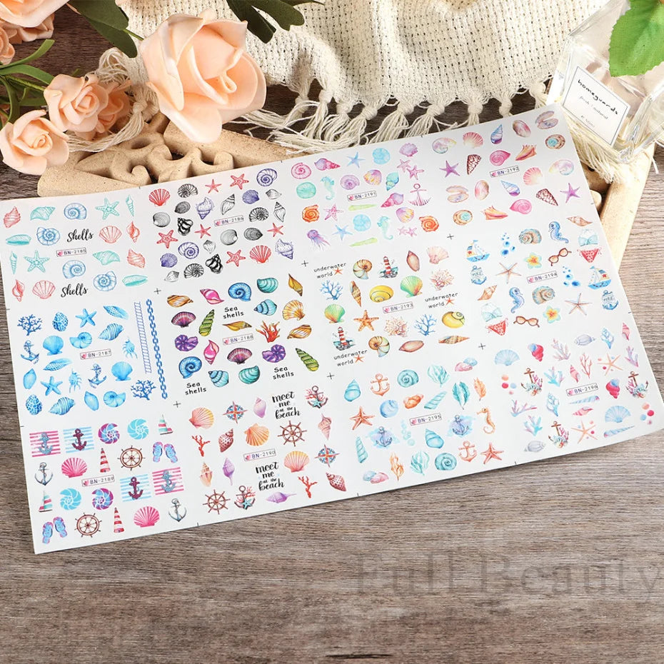 12 Designs Nail Art Sea Shell Water Stickers Colorful Conch Starfish Sliders Summer Ocean Theme Decals Nail Art Decorations