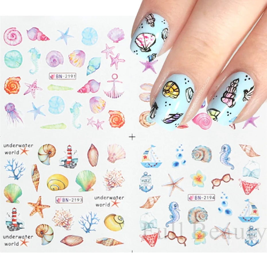 12 Designs Nail Art Sea Shell Water Stickers Colorful Conch Starfish Sliders Summer Ocean Theme Decals Nail Art Decorations