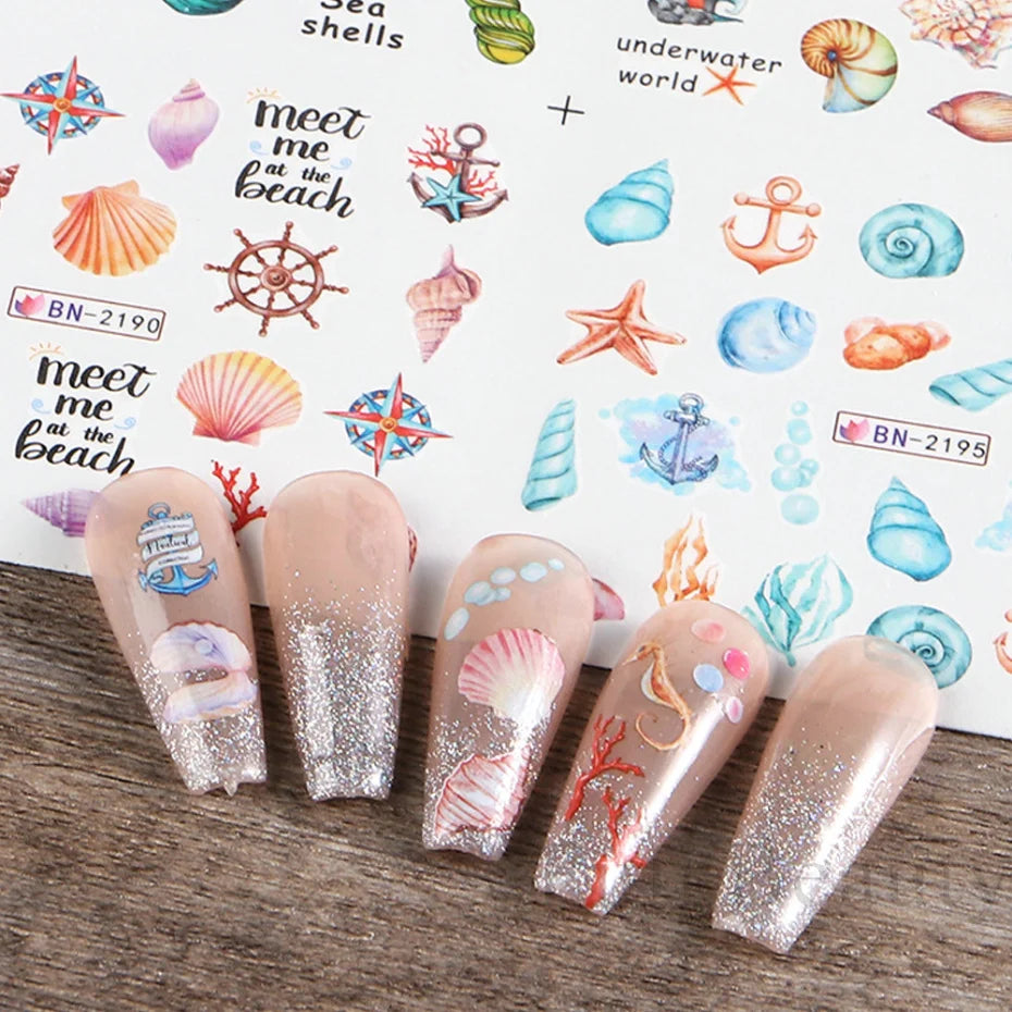 12 Designs Nail Art Sea Shell Water Stickers Colorful Conch Starfish Sliders Summer Ocean Theme Decals Nail Art Decorations