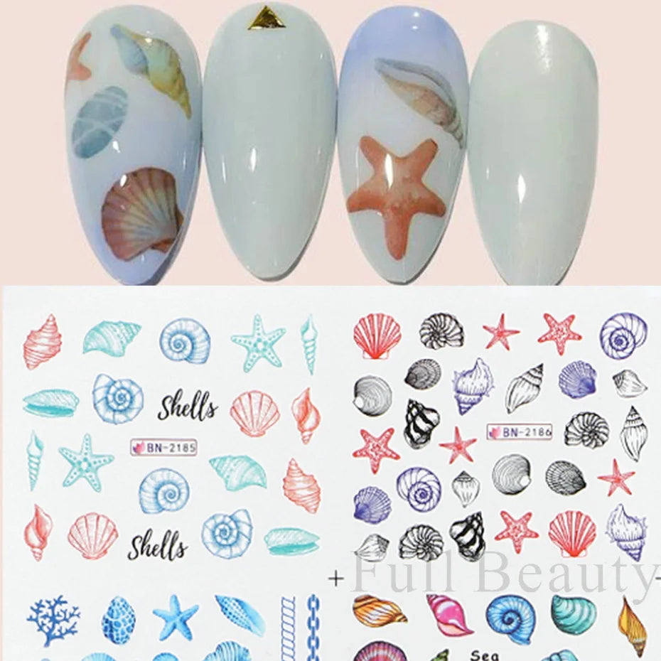 12 Designs Nail Art Sea Shell Water Stickers Colorful Conch Starfish Sliders Summer Ocean Theme Decals Nail Art Decorations