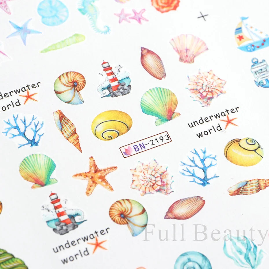 12 Designs Nail Art Sea Shell Water Stickers Colorful Conch Starfish Sliders Summer Ocean Theme Decals Nail Art Decorations