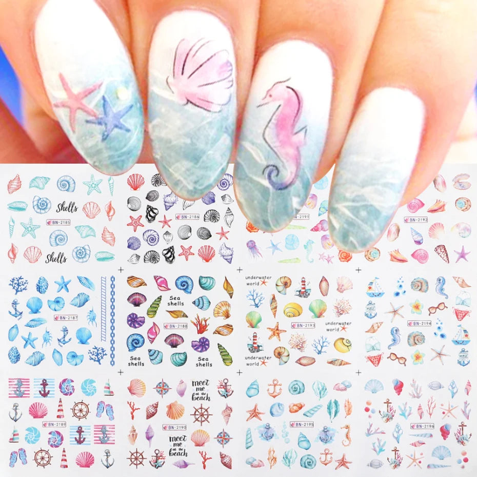 12 Designs Nail Art Sea Shell Water Stickers Colorful Conch Starfish Sliders Summer Ocean Theme Decals Nail Art Decorations