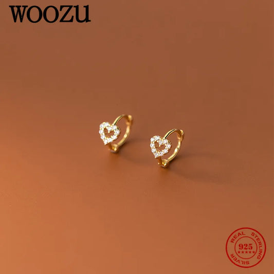 WOOZU 925 Sterling Silver INS Minimalism Sweet Love Heart CZ Zircon Hoop Earrings For Women Girl Small Ear Buckle Jewelry Gift