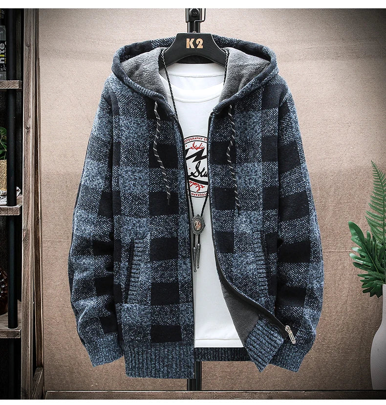 Men's New Winter Plaid Sweater Hooded Cardigan Cold Coat Wool Zipper Jacket Autumn Fleece Warm Clothes Checkered Knit Jumper