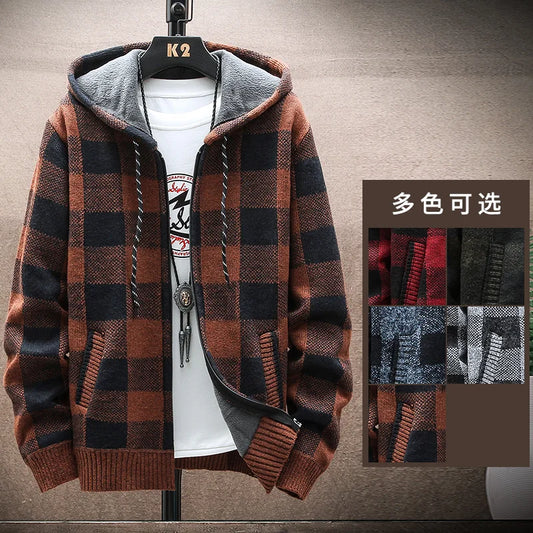 Men's New Winter Plaid Sweater Hooded Cardigan Cold Coat Wool Zipper Jacket Autumn Fleece Warm Clothes Checkered Knit Jumper