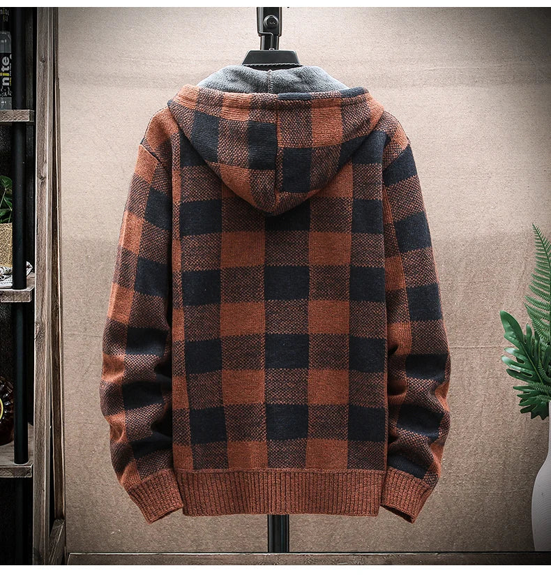 Men's New Winter Plaid Sweater Hooded Cardigan Cold Coat Wool Zipper Jacket Autumn Fleece Warm Clothes Checkered Knit Jumper