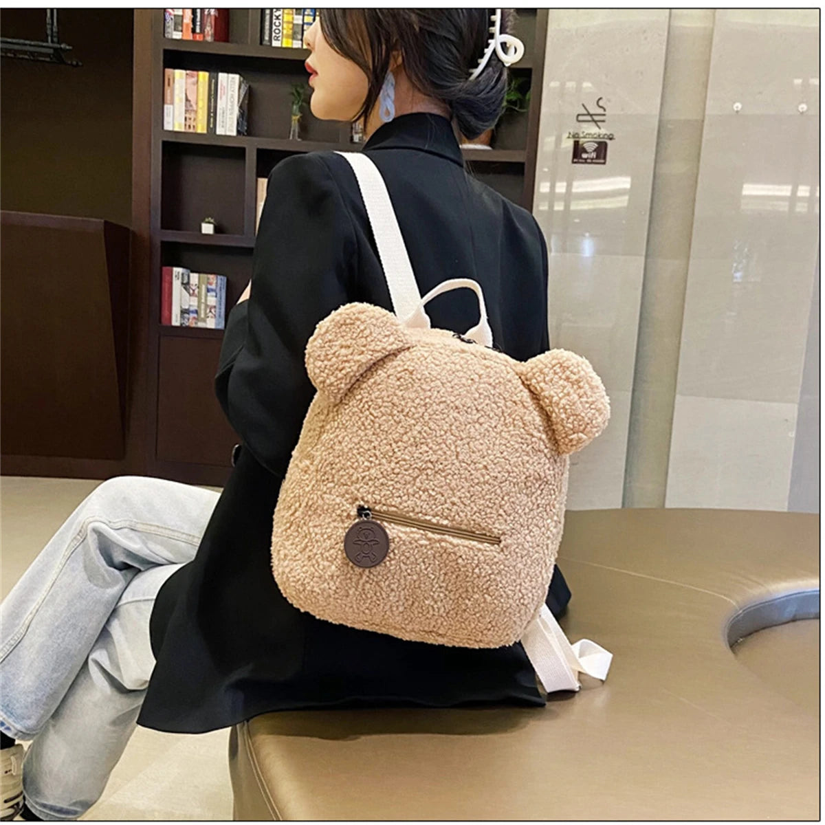 1Pcs Cute Bear Ear Fleece Small Backpack Kids Girls Casual Warm Lambswool Daypack Bag Schoolbag Rucksack for Travel Shopping-LJX