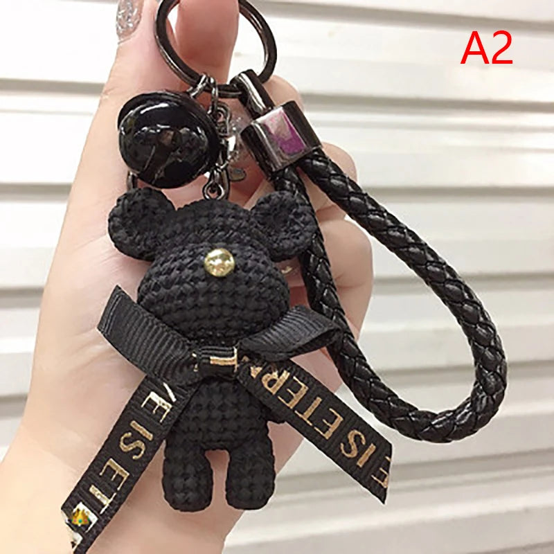 Cute Resin Woolen Little Bear Bow Rabbit Keychain Holiday Car Key Ring For Girls Creative Gift Weaving Fashion Doll Bag Pendant