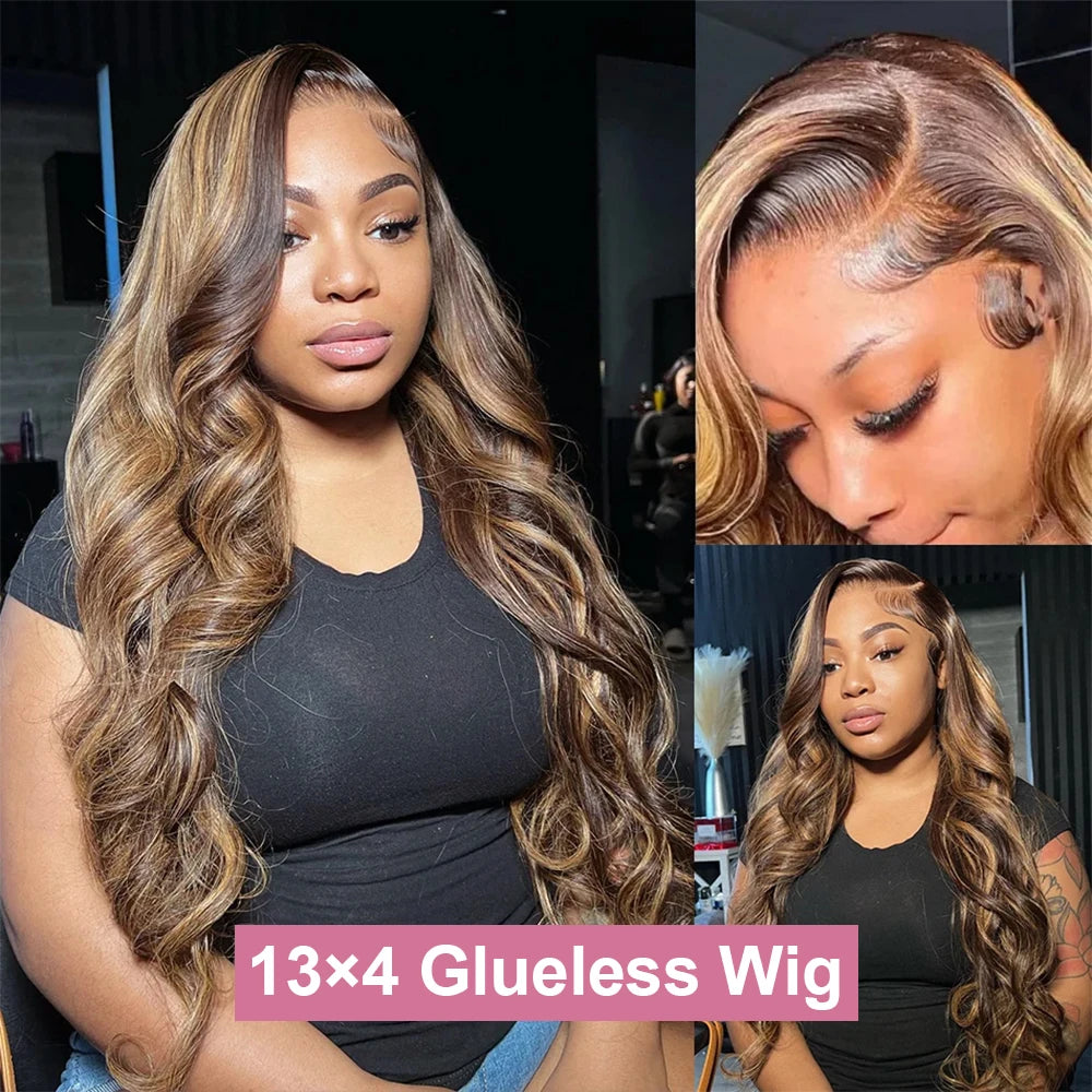 250% Body Wave Glueless Wig Highlight Ombre 7x5 Lace Frontal Wig Brazilian 4/27 Color Ready To Go 13x4 Human Hair Wigs For Women