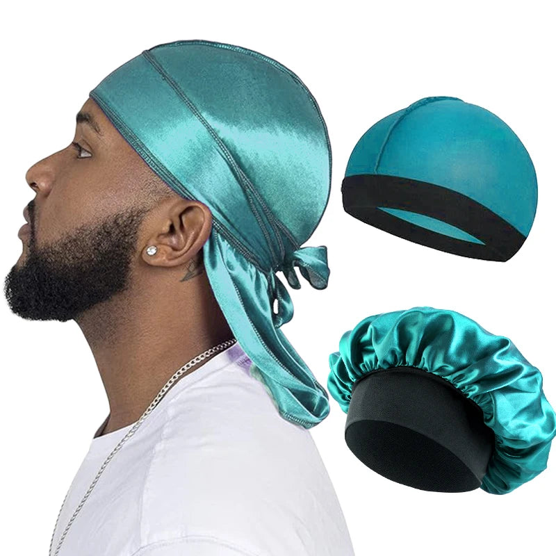 3PCS/LOT Men Silky Durag Long Tail Pirate Hat Headband Turban Dome Wave Cap Unisex Wig Cap Elastic Band Satin Bonnet