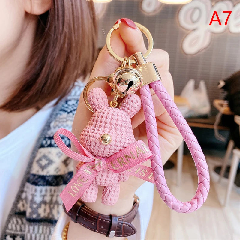 Cute Resin Woolen Little Bear Bow Rabbit Keychain Holiday Car Key Ring For Girls Creative Gift Weaving Fashion Doll Bag Pendant