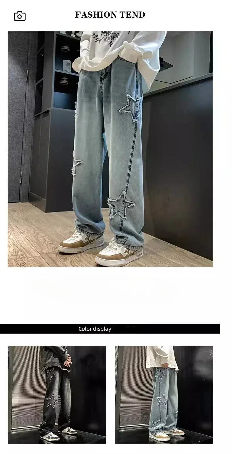 Stars Patchwork Men Jeans New Fashion Y2K Tassel Pants Korea Clothes Straight Hip Hop Splicing Trousers Male Streetwear