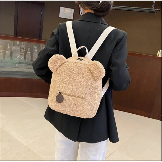 1Pcs Cute Bear Ear Fleece Small Backpack Kids Girls Casual Warm Lambswool Daypack Bag Schoolbag Rucksack for Travel Shopping-LJX