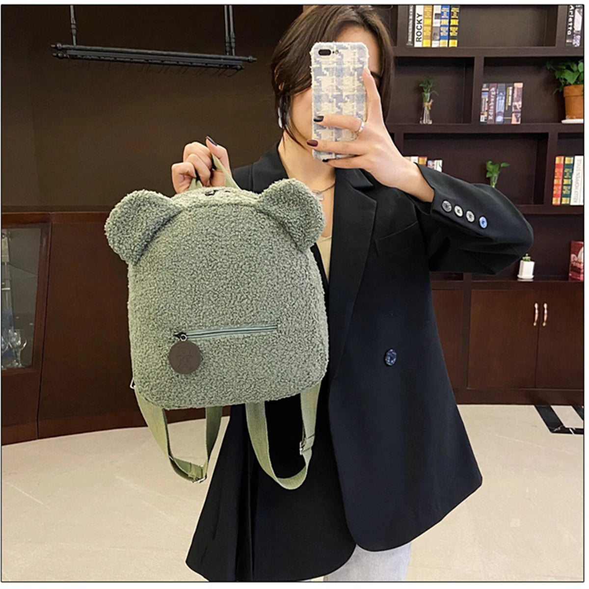 1Pcs Cute Bear Ear Fleece Small Backpack Kids Girls Casual Warm Lambswool Daypack Bag Schoolbag Rucksack for Travel Shopping-LJX