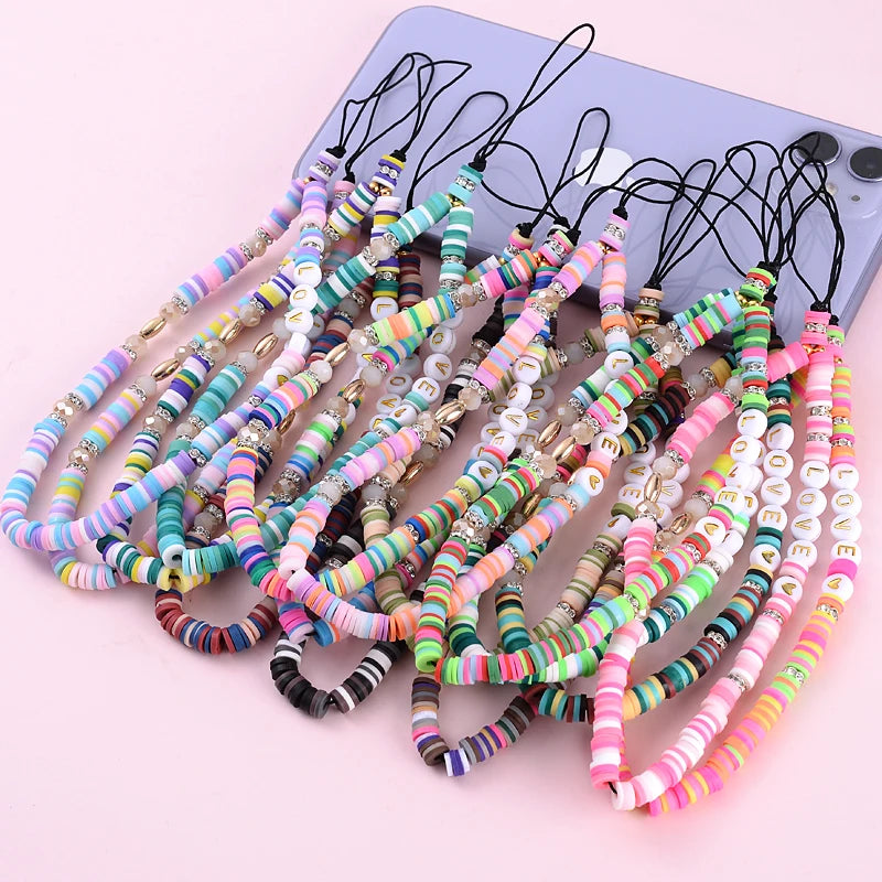 Wholesale Classic Phone Lanyard Charm Acrylic Clay Beaded Phone Chain LOVE Letter Jewelry For Women Anti-Lost Lanyard Jewellery