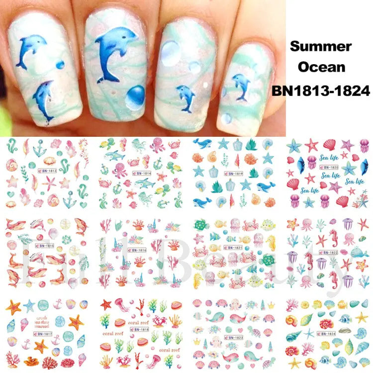 12 Designs Nail Art Sea Shell Water Stickers Colorful Conch Starfish Sliders Summer Ocean Theme Decals Nail Art Decorations