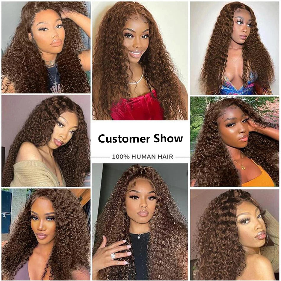 Chocolate Brown Deep Wave Frontal Wig 13x4 HD Transparent Curly Lace Front Human Hair Wigs Bleached Brazilian Brown Colored Wigs