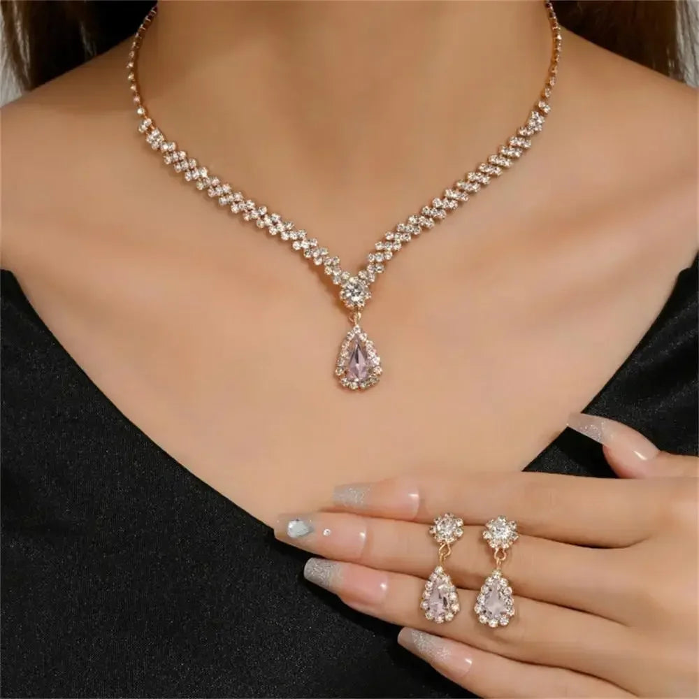 2pcs/set Jewelry Sets Women Elegant Waterdrop Rhinestone Pendant Necklace stud Earrings Wedding Dress Bridal Jewelry Set