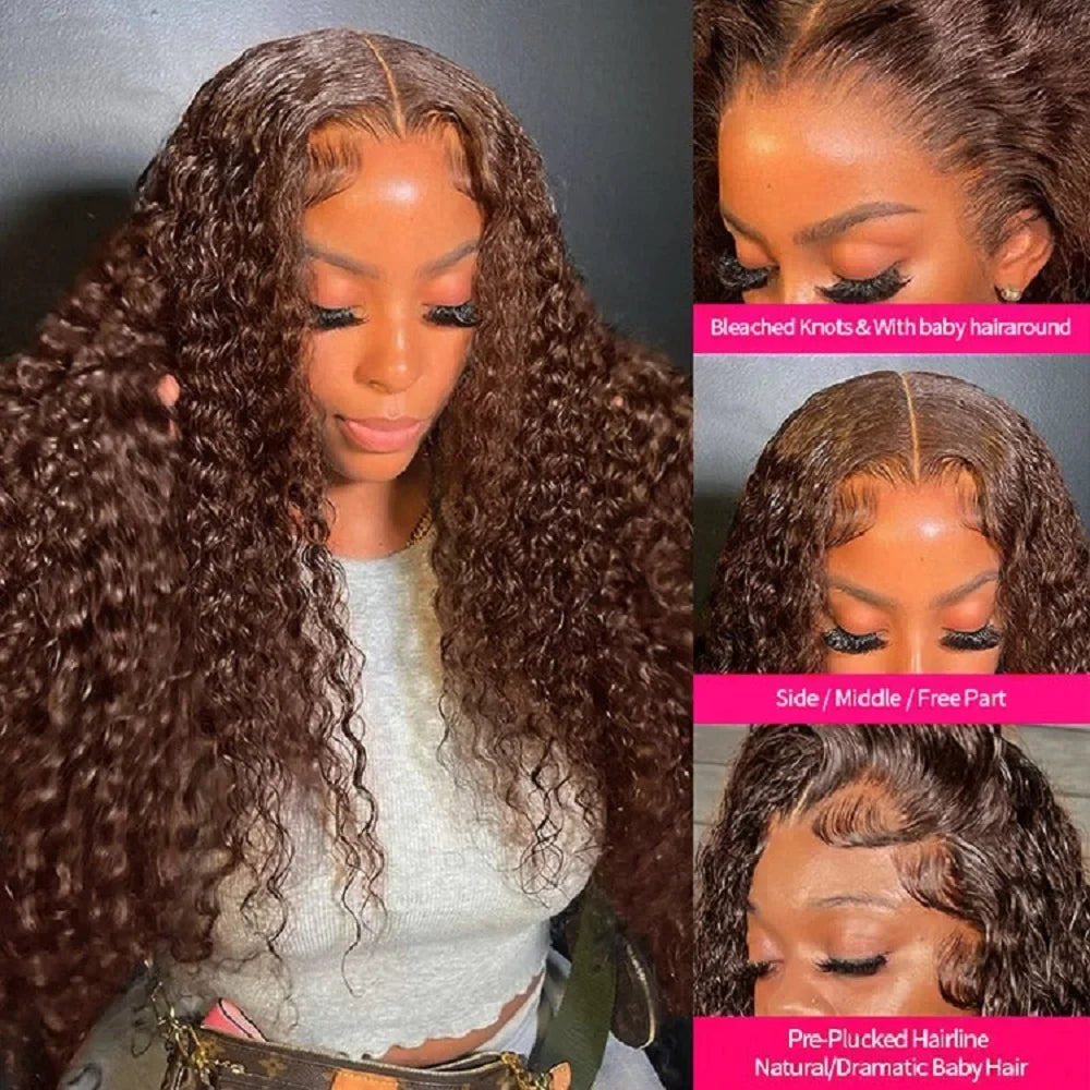 Chocolate Brown Deep Wave Frontal Wig 13x4 HD Transparent Curly Lace Front Human Hair Wigs Bleached Brazilian Brown Colored Wigs