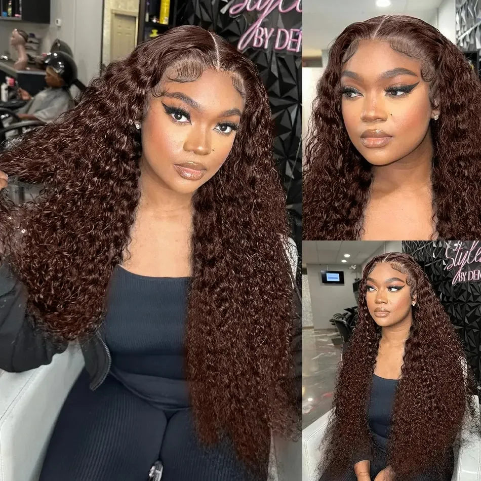 Chocolate Brown Deep Wave Frontal Wig 13x4 HD Transparent Curly Lace Front Human Hair Wigs Bleached Brazilian Brown Colored Wigs