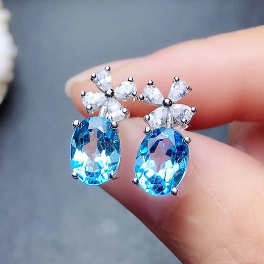 Huitan Chic Flower Earrings for Women Aesthetic Sky Blue Cubic Zirconia Ear Stud Earrings Wedding Party Fancy Gift Trend Jewelry