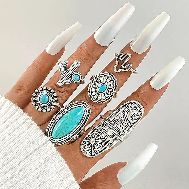 Tocona Vintage Green Stone Romantic Flower Finger Rings Set for Women Men Ethnic Style Snake Alloy Metal Party Jewelry Anillos