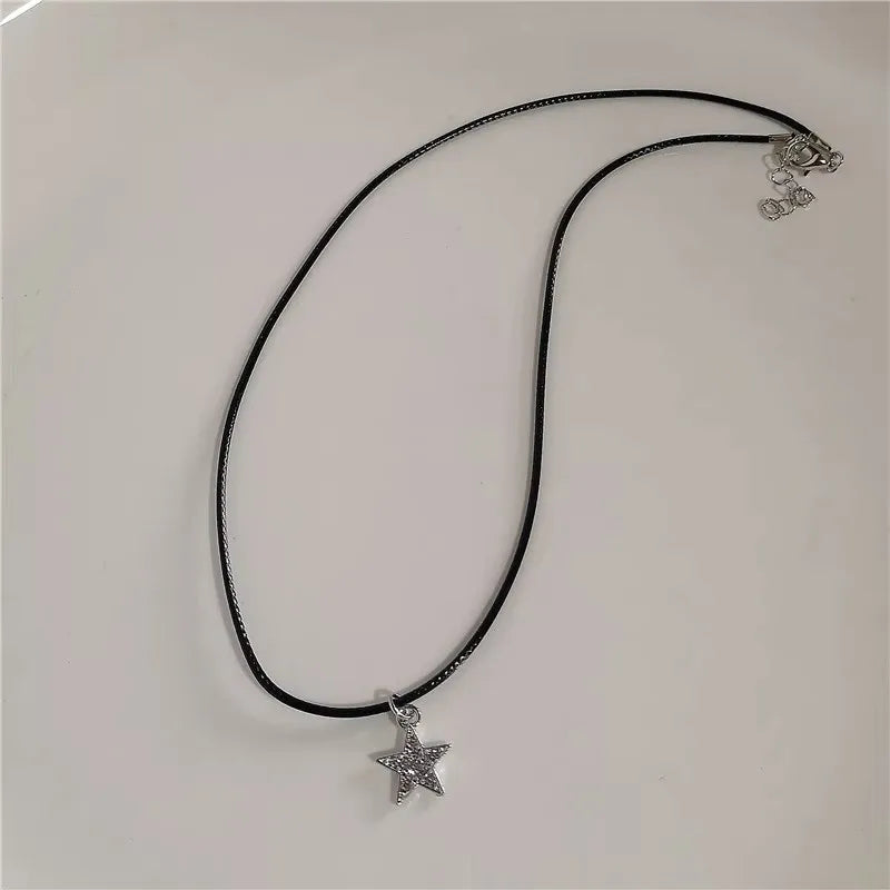 Punk Y2K Grunge Black Star Pendant Beaded Silver Color Chain Choker Necklace For Women Men Goth Charm EMO 2000s Jewely Accessory