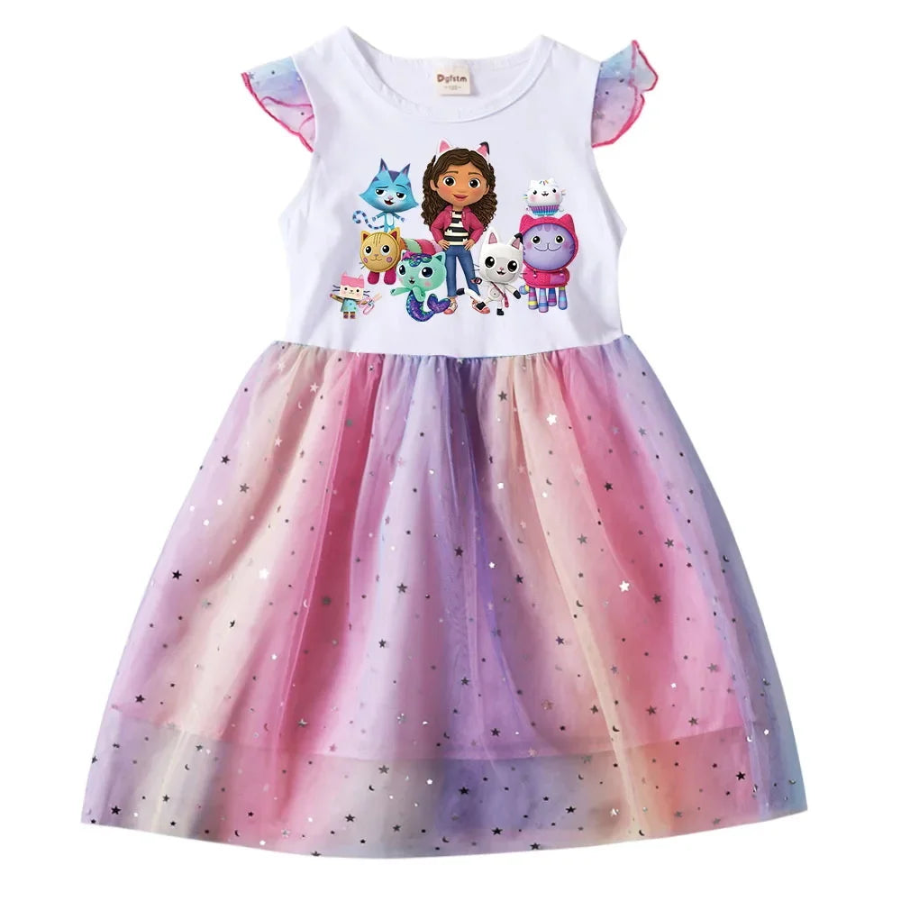 Baby Girls Dress Children Cartoon Mesh Star Sequins Princess Dress Kids Flying Sleeve Skirt +Headwear For Daily Birthday Gift