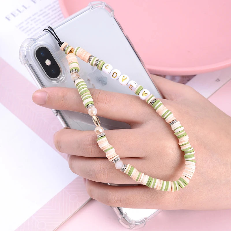 Wholesale Classic Phone Lanyard Charm Acrylic Clay Beaded Phone Chain LOVE Letter Jewelry For Women Anti-Lost Lanyard Jewellery