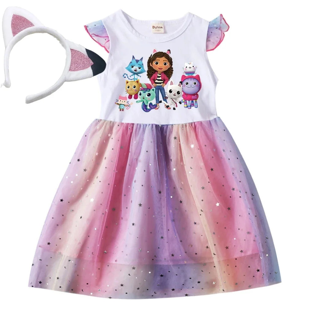 Baby Girls Dress Children Cartoon Mesh Star Sequins Princess Dress Kids Flying Sleeve Skirt +Headwear For Daily Birthday Gift