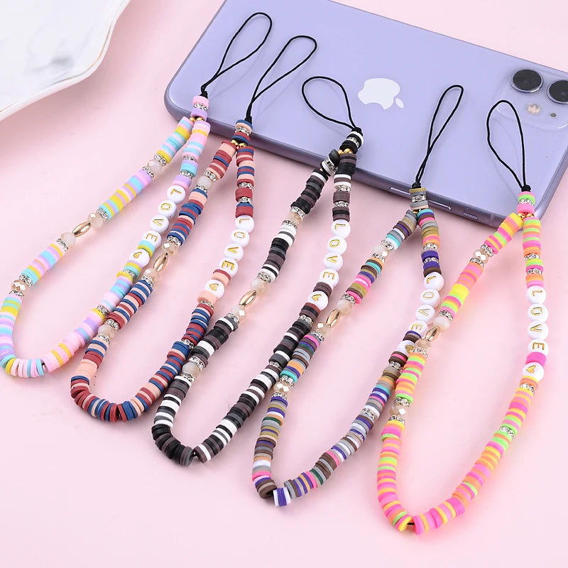 Wholesale Classic Phone Lanyard Charm Acrylic Clay Beaded Phone Chain LOVE Letter Jewelry For Women Anti-Lost Lanyard Jewellery