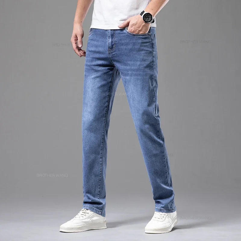 Summer Thin Men's Elastic Cotton Jeans Fashion Gray Comfortable Business Straight Casual Pants Brand Male Clothes Trousers