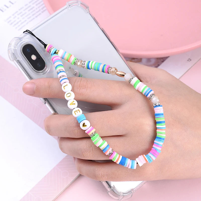 Wholesale Classic Phone Lanyard Charm Acrylic Clay Beaded Phone Chain LOVE Letter Jewelry For Women Anti-Lost Lanyard Jewellery