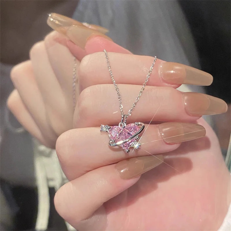 Y2K Pink Planet Heart Zircon Pendant Necklaces Women Fashion Aesthetic Clavicle Chain Necklace Valentines Day Gift Party Jewelry