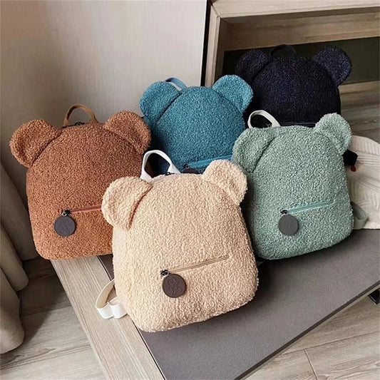 1Pcs Cute Bear Ear Fleece Small Backpack Kids Girls Casual Warm Lambswool Daypack Bag Schoolbag Rucksack for Travel Shopping