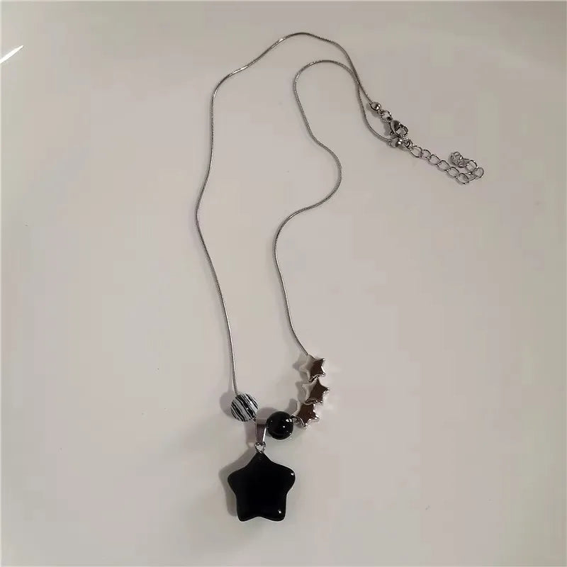 Punk Y2K Grunge Black Star Pendant Beaded Silver Color Chain Choker Necklace For Women Men Goth Charm EMO 2000s Jewely Accessory