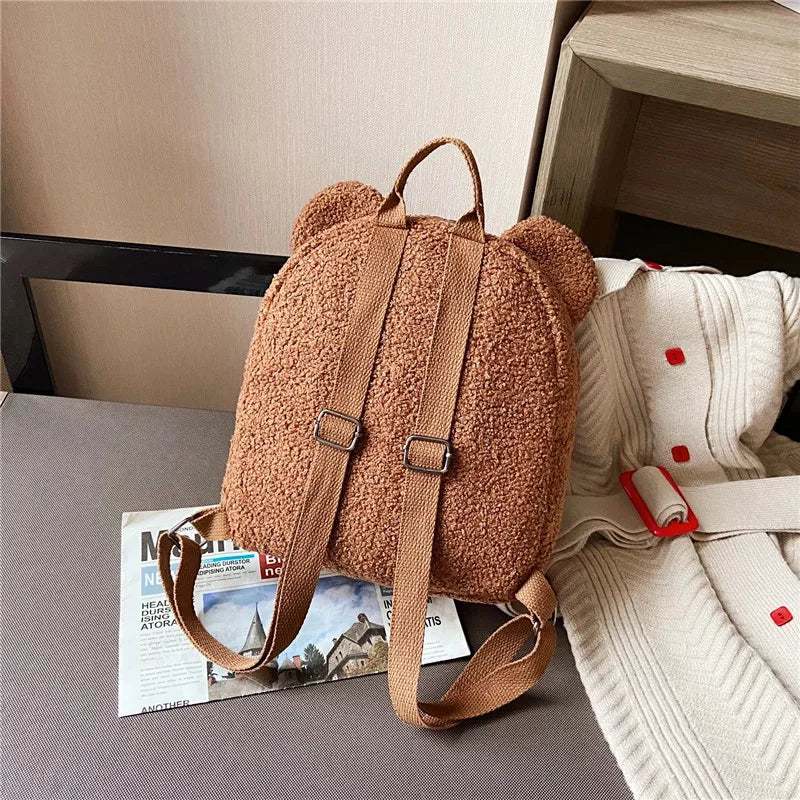 1Pcs Cute Bear Ear Fleece Small Backpack Kids Girls Casual Warm Lambswool Daypack Bag Schoolbag Rucksack for Travel Shopping