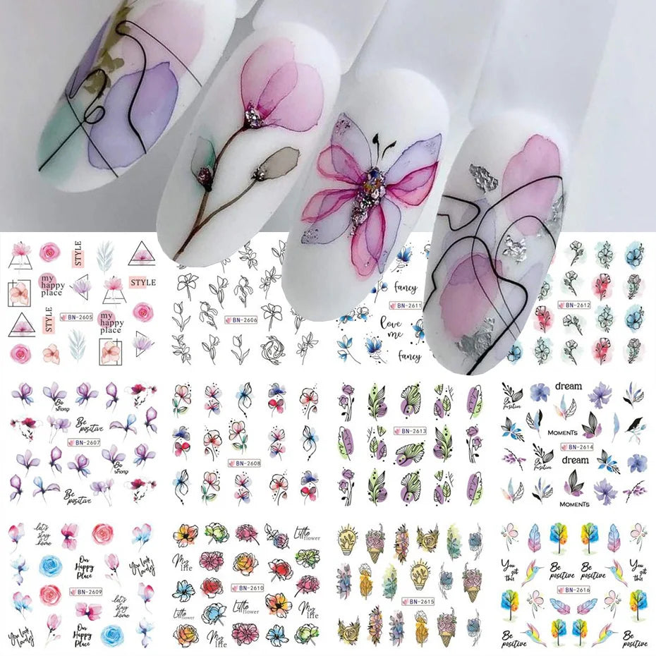 12 PCs Nail Sticker Set Spring Summer Water Decal Nail Art Ink Flowers Leaves Graffiti Slider for Nail Decoration Foils Tattoo