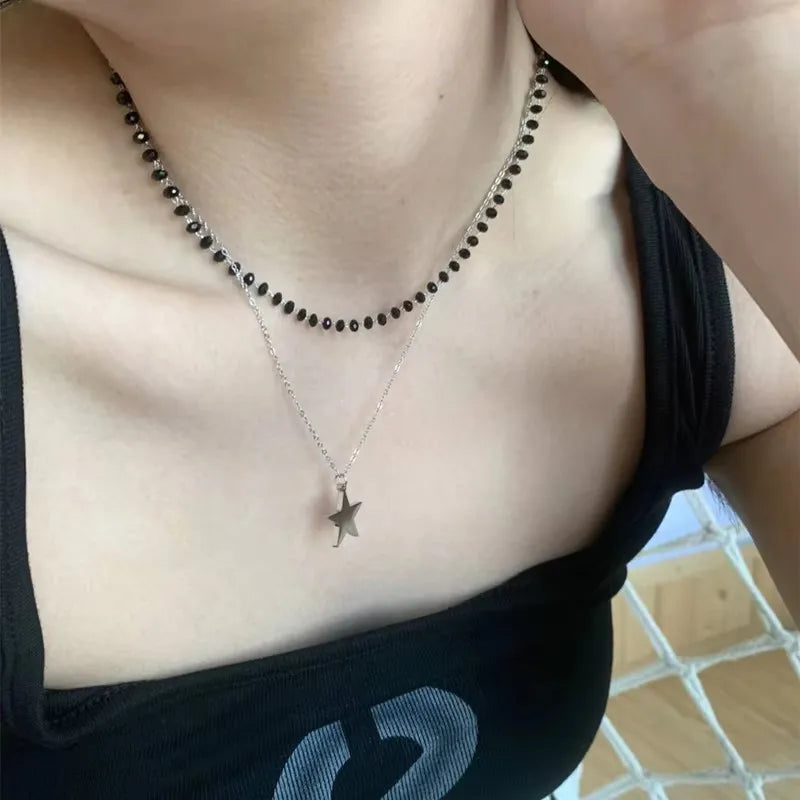 Punk Y2K Grunge Black Star Pendant Beaded Silver Color Chain Choker Necklace For Women Men Goth Charm EMO 2000s Jewely Accessory