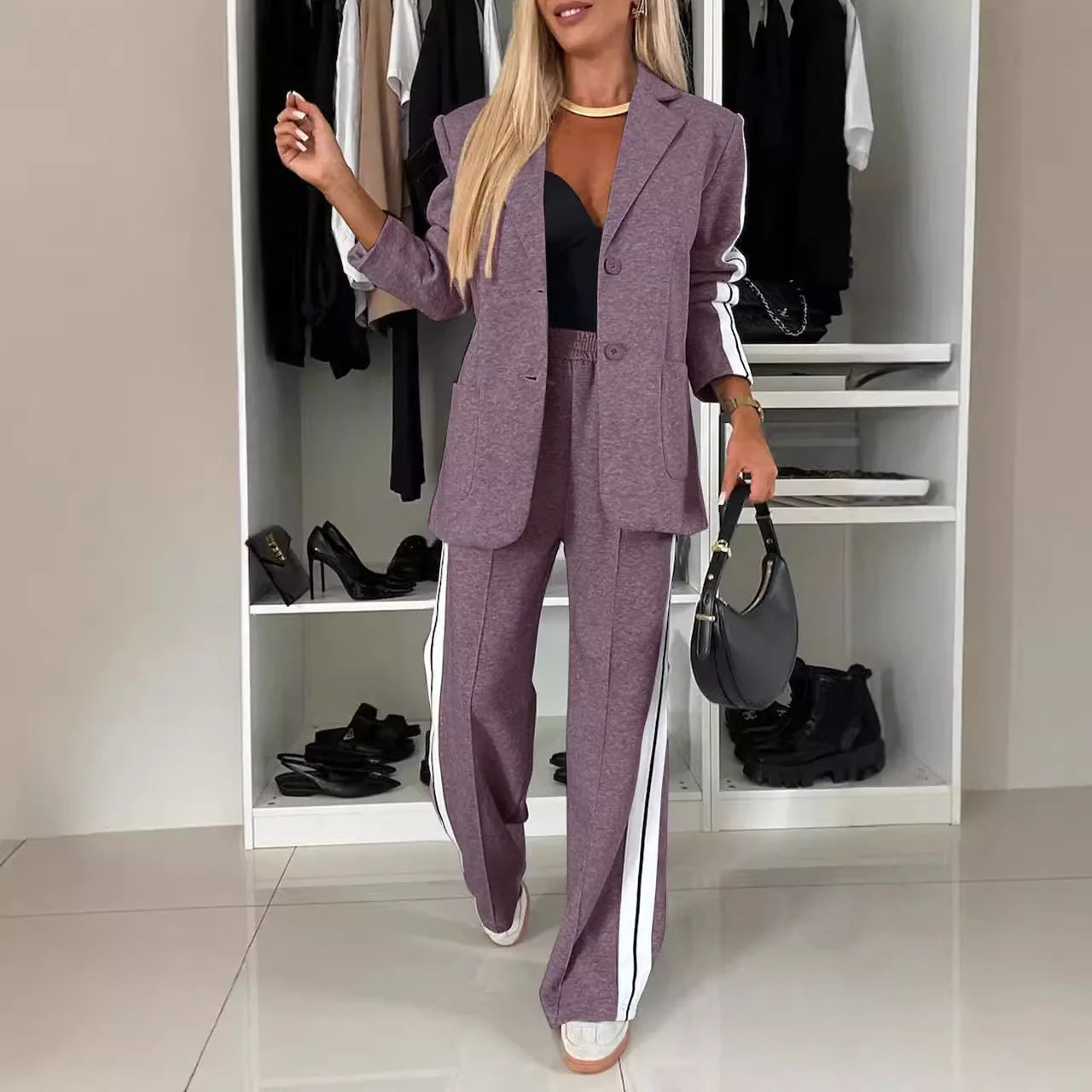 2-piece For Woman Loose Suit Blouse Coat Sides Vertical Stripes Wide Leg Long Pant Casual Luxury Elegant OL Clothes Ourfit Sets