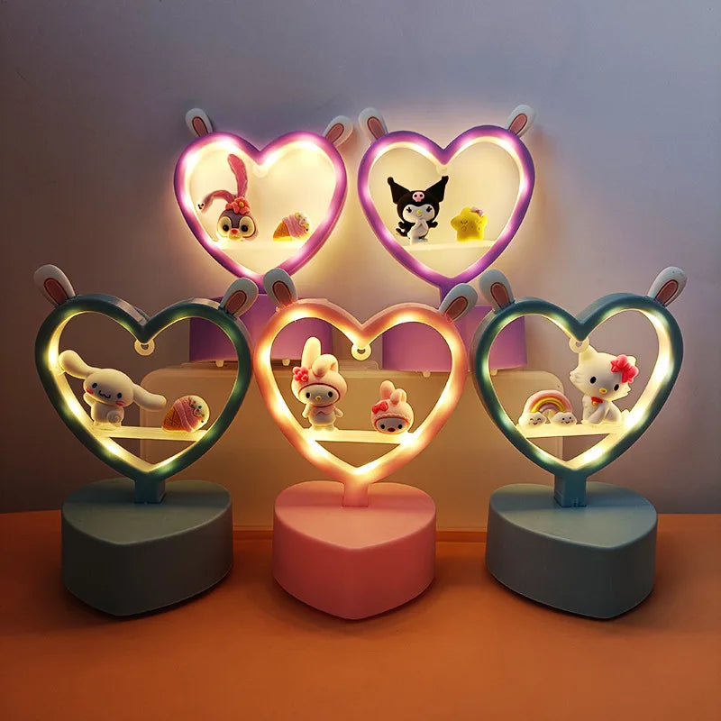 Sanrio Night Light Hello Kitty Cinnamoroll Melody Kuromi Cartoon Kids Glow Table Lamp Creative Heart Shaped Night light Gifts