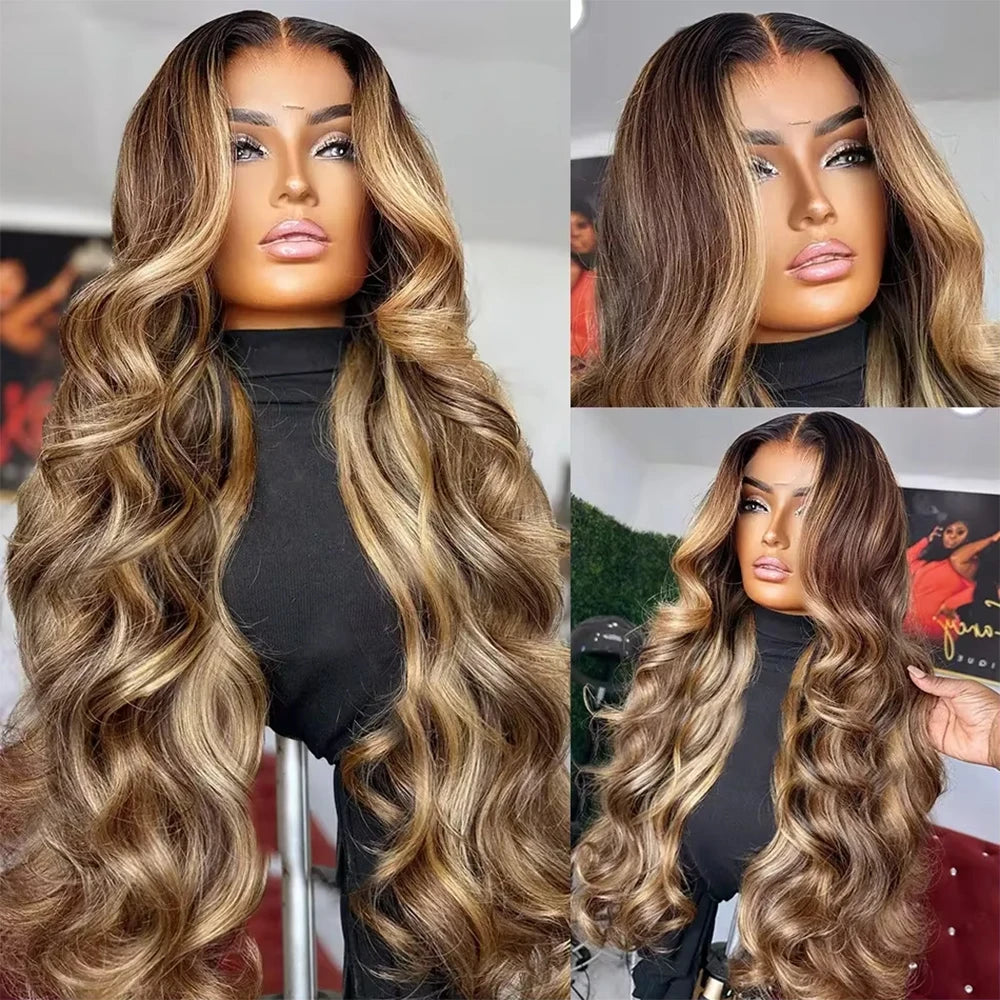 250% Body Wave Glueless Wig Highlight Ombre 7x5 Lace Frontal Wig Brazilian 4/27 Color Ready To Go 13x4 Human Hair Wigs For Women