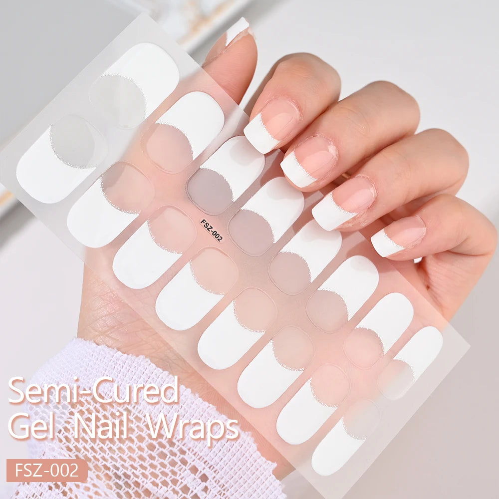 French UV Semi-Cured Gel Nail Wraps Sticker 16Strips Long Lasting Full Cover LED Lamp Gel Cured Slider Decals For Nail Extension