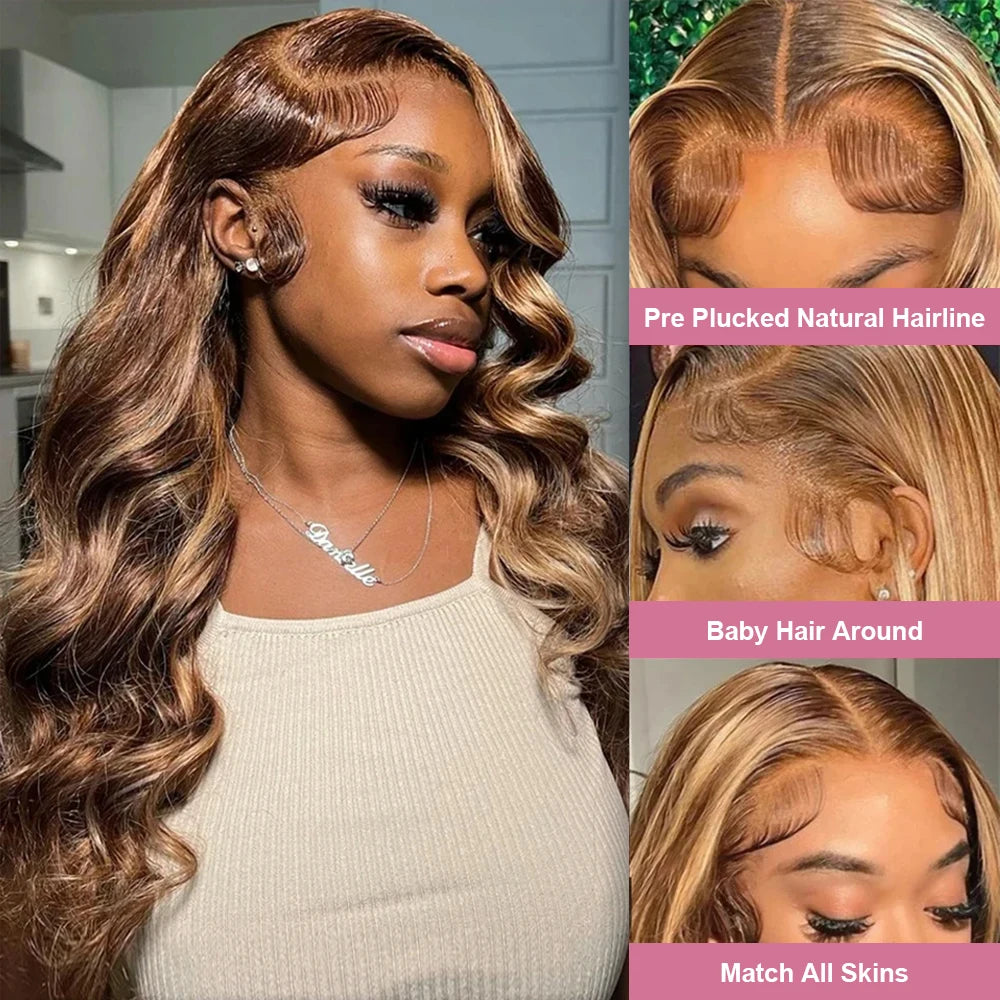 250% Body Wave Glueless Wig Highlight Ombre 7x5 Lace Frontal Wig Brazilian 4/27 Color Ready To Go 13x4 Human Hair Wigs For Women